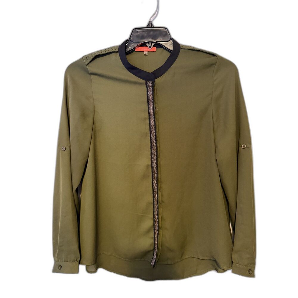 Lulumari Olive Green Button Up Shirt‎ - Metallic Trim Boho Top - Sz S